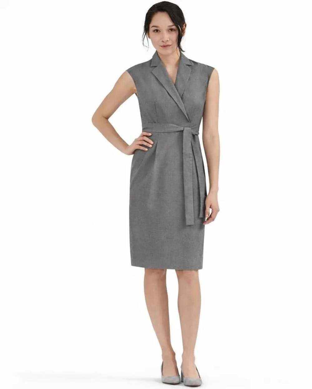 M.M. LaFleur Catherine Gray Wool Collar V-Neck Cap Sleeve Belted Sheath Dress 16